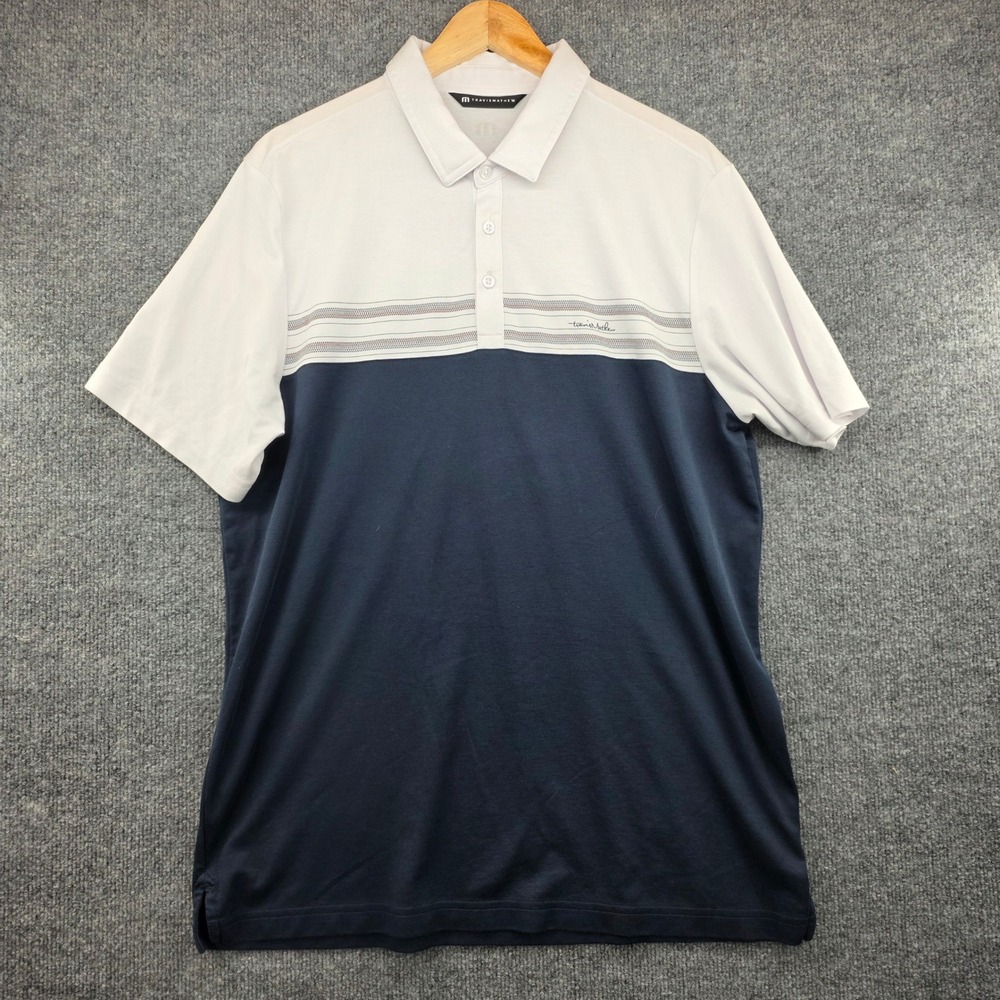 TravisMathew Mens XL White Navy Colorblock Striped Golf‎ Polo Shirt 1MAA384